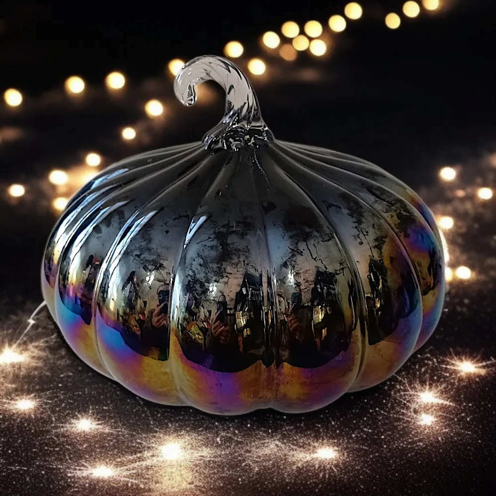 Glass Iridescent Halloween Pumpkin Carnival Hand Blown Stem Purple Black Harvest